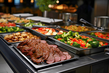 Buffet in cafe, restaurant in resort hotel. Delicious and healthy food. Trays full of tasty meat and broccoli. Smorgasbord, catering consept. AI Generative