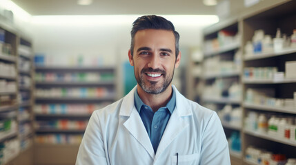 Charismatic portrait: Handsome pharmacist smiles, stands by shop stock, exuding expertise, Ai Generated.