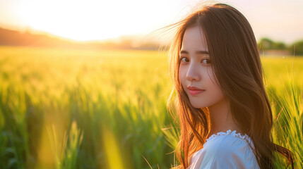 Stunning Asian woman stands in a fresh green field, captivating serenity, Ai Generated.