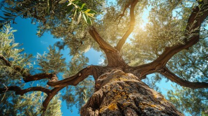 Large tree view from below. Closeup tree trunk with bark and branches with leaves. An unusual perspective on the forest and nature