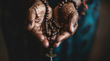 Weathered hands hold a crucifix rosary tightly, a profound symbol of faith and prayer. True to his...