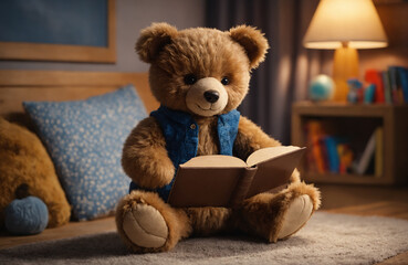 Toy bear is reading a book in the children's room in a cozy evening atmosphere. The concept of reading children's books before going to bed