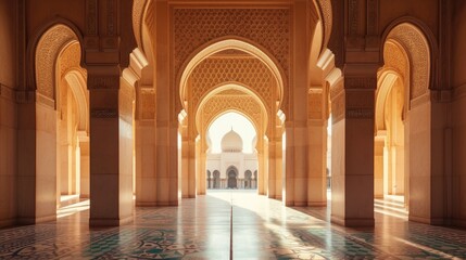 Obraz premium A close-up view of elegant Arabian arches. Ramadan Kareem background with mosque arch. Islamic greeting Eid Mubarak cards for Muslim Holidays festival celebration.