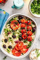 Greek vegetable casserole with rice and tomatoes
