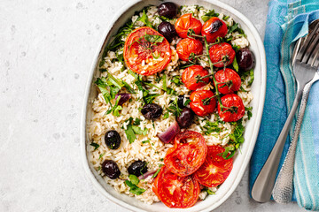 Greek vegetable casserole with rice and tomatoes