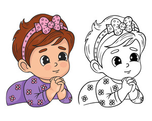 Cute praying little baby girl. Religious believer child character concept. Vector illustration. isolated linear hand and color drawing. Kids collection.
