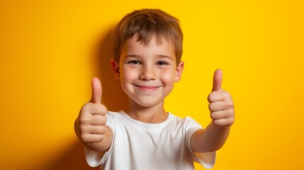 Cropped portrait of a smiling young boy in a white t-shirt showing thumb up isolated over yellow background
