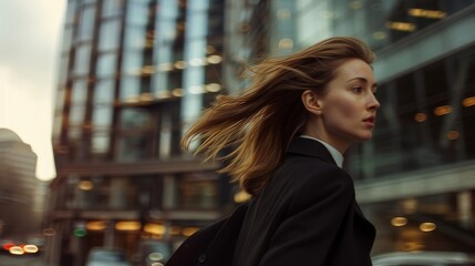 Thoughtful business woman walking in the city with wind blowing her hair
