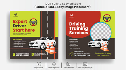 Editable Driving school Instagram post and social media post banner template with 3d car illustration, suitable for car repair and car washing website banner design - obrazy, fototapety, plakaty