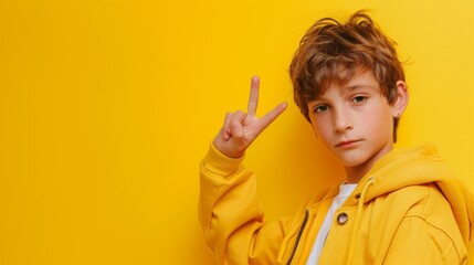 Obraz premium Preteen boy in a vibrant yellow hoodie making a peace sign with his fingers, set against a matching yellow background.