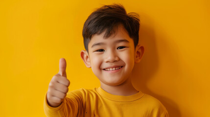Cropped portrait of a smiling young boy showing thumb up isolated over yellow background