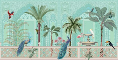 Chinoiseries peacock, parrots, flamingo, Birds, Royal Palace garden  Wallpaper. moroccan decorative garden with peacock, flamingo  & parrots frame. 