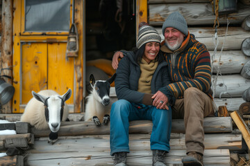 Happy couple sitting on the steps with goats near the house