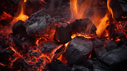 Crédence de cuisine en verre imprimé Texture du bois de chauffage Burning firewood and coals of a fire close up. Background for grilled food with fire.