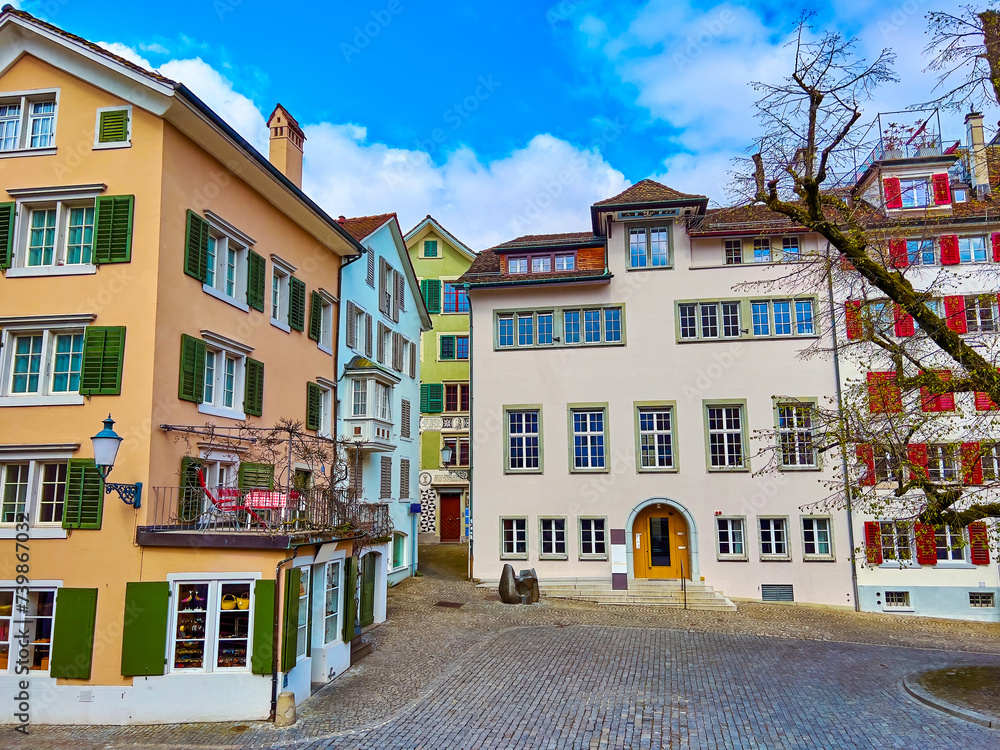 Poster Panorama of St. Peterhofstatt with medieval houses in Zurich, Switzerland