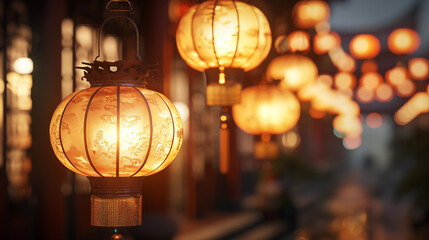 beautiful lamps for chinese lantern festival celebration with an asian street background 
