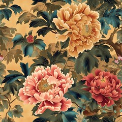 Chinoiseries style peonies flower on classic yellow background