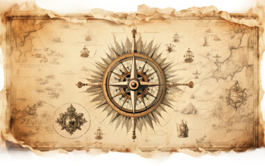 Classic Map Artwork Featuring Compass and Elaborate Drawings on white background