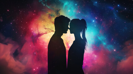 Silhouettes of a man and woman against an abstract cosmic backdrop. Ai Generated.