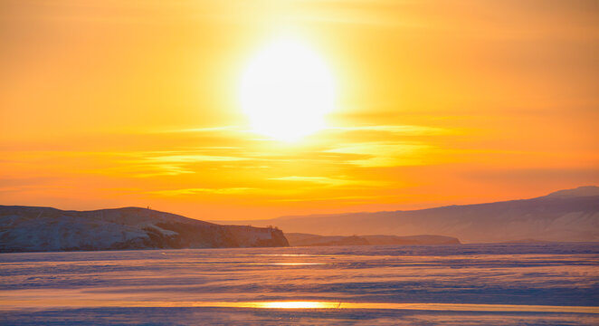 Beautiful sunset on the shore of Lake Baikal
