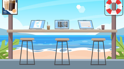 Working desk on sea beach with laptop, Workation, Coffee shop on summer beach view, Empty cafe interior, Background illustration.