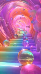 Colored spheres roll down the steps