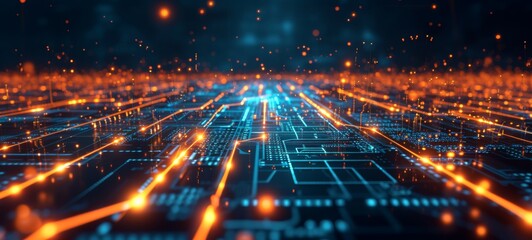 Luminous digital circuitry with glowing nodes and lines forming a futuristic techno landscape
