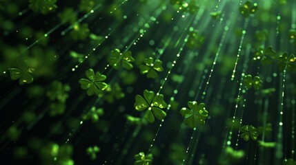 St. Patrick's Day themed digital matrix rain, streams of green code create a backdrop of falling shamrocks