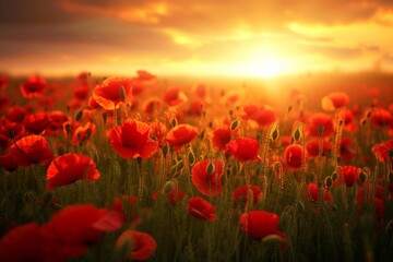 Fototapeta na wymiar A breathtaking field of vibrant red poppies under the golden glow of a spring sunset