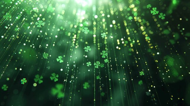 St. Patrick's Day themed digital matrix rain, streams of green code create a backdrop of falling shamrocks - Powered by Adobe