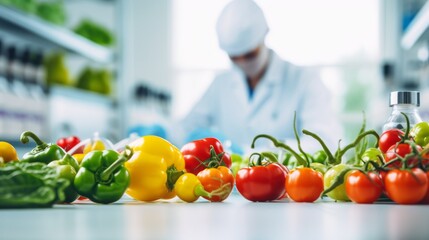 Obraz na płótnie Canvas Quality control of vegetables, tomatoes and peppers grown in the laboratory. The scientist brings out new varieties, sorts seeds, studies pests and chemicals in a modern biotechnological laboratory.