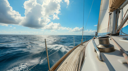 Close-up sailboat sailing on the expansive blue sea