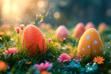 Obraz na płótnie Canvas Easter eggs with spring flowers and drops of dew on green Grass. congratulation Easter background