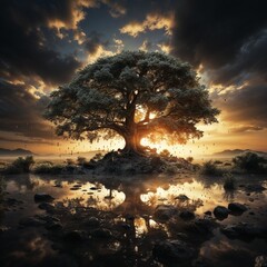 Fototapeta na wymiar Sunset Symphony: The Tree of Reflection
