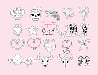 Coquette Cowgirl ribbon bow coloring image Cartoon Doodle trendy collection.  Playful and Whimsical Illustration.