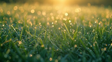 Spring morning dew on lush grass with golden sunrise bokeh