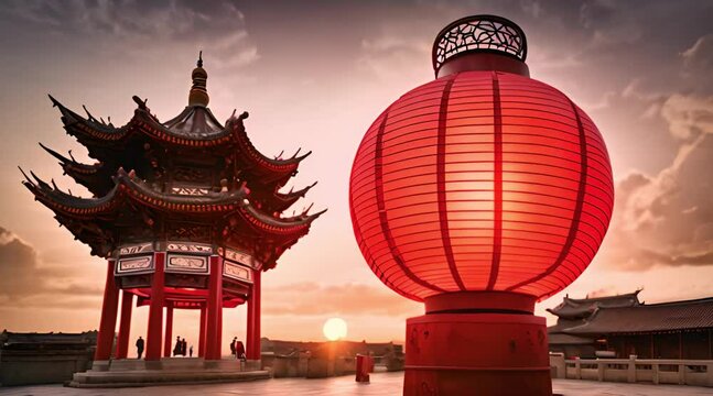 A Huge Red Lantern traditional Chinese elements