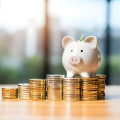 Coins dropping into white piggy bank: Savings and financial deposit concept