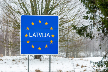Latvian border road sign, Baltic countries, European Union
