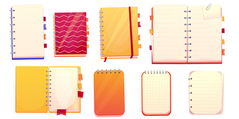 Set diary, note book top view, open, closed isolated on white background. Book with bookmarks and spiral, daily planner.