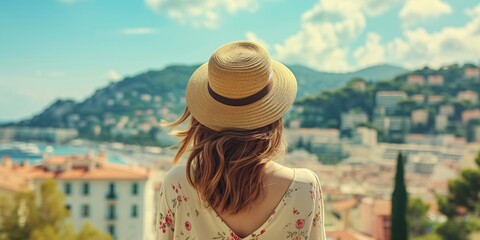 Fototapeta premium Glimpse of French Riviera Rear view of stunning lady holding hat, reveling in the city view of Nice, France.