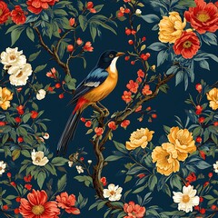 Obraz premium classic Chinoiseries style illustration with bird and flower with tree 