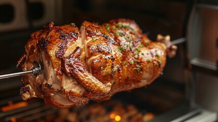 Cooking a tasty entire duck on a rotating spit up close.