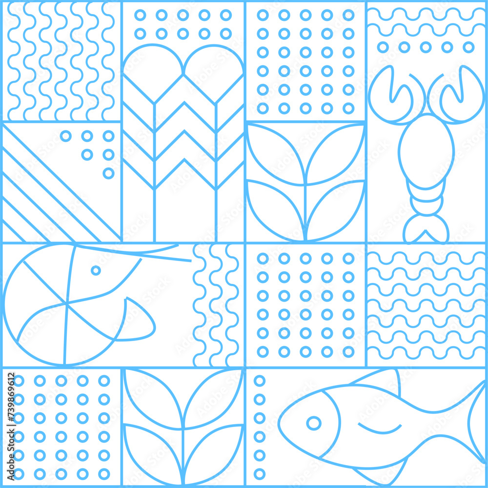 Wall mural line geometric mosaic seamless pattern illustration. fish and seafood geometric pattern. natural foo