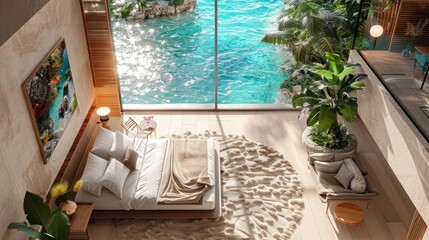 Fototapeta na wymiar Luxury bedroom overlooking the ocean - AI Generated Digital Art
