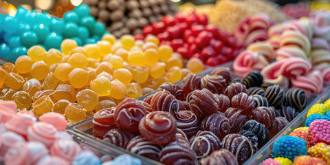 Colorful Handmade Candy Selection at Farmers Market. A close-up view of assorted handmade sweets, beautifully arranged in a farmers market stall.