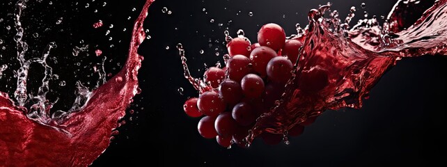 Splashing red wine with red grape close up on dark background - obrazy, fototapety, plakaty