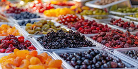 Fresh Berries and Dried Fruit Variety at Farmers Market. A colorful array of different fresh...