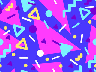 Geometric seamless pattern with memphis elements in 80s style. Colorful geometric pattern. Design of promotional products, wrapping paper and printing. Vector illustration