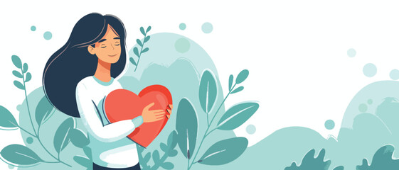 Flat Vector Woman with hand on kind heart feeling 